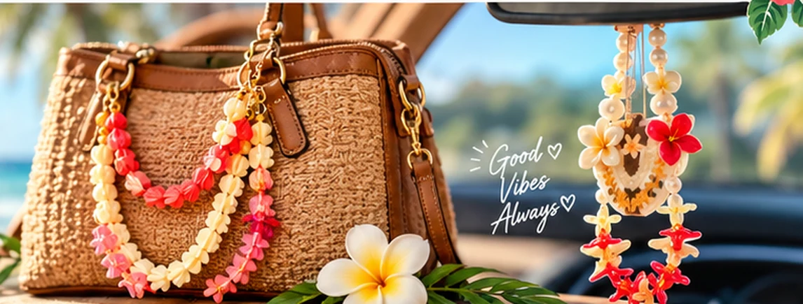 Island-inspired floral handbag accessories and hanging car lei against a tropical backdrop